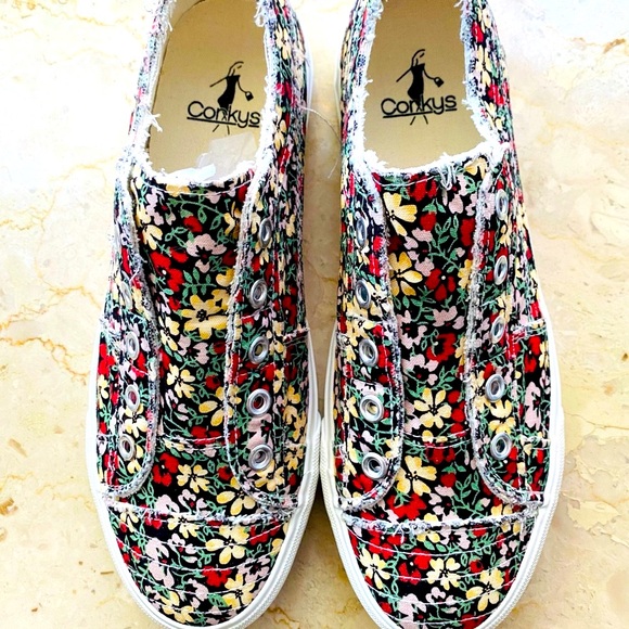 Corkys Women's Floral Canvas Sneakers - Red, Yellow, Black - Picture 3 of 10